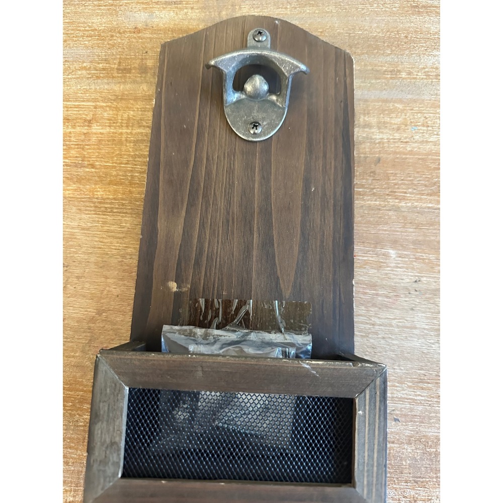 Wall Mounted Wood Bottle Opener with Mesh Cap Catcher Rustic Farmhouse Decor‎